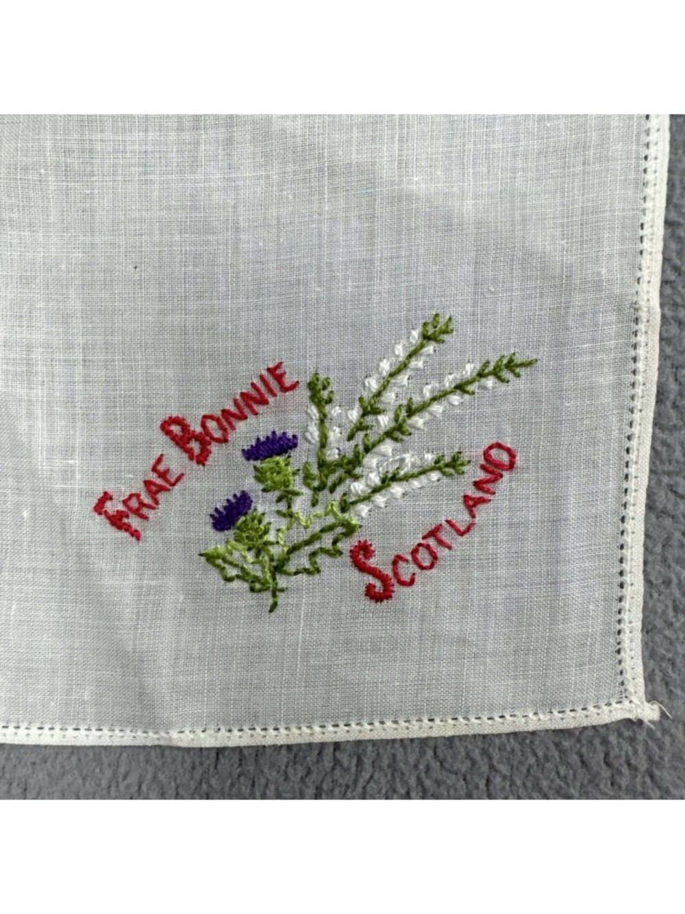 Vintage Frae Bonnie Scotland Handkerchief Embroidered floral souvenir